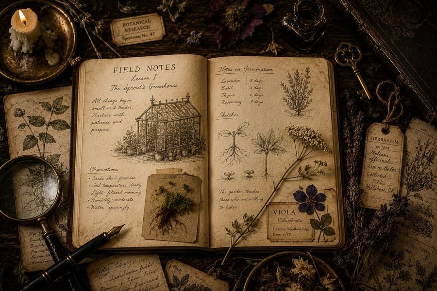 A naturalist field-notes journal lying open among pressed flowers, a magnifying glass, an inkwell and a brass key