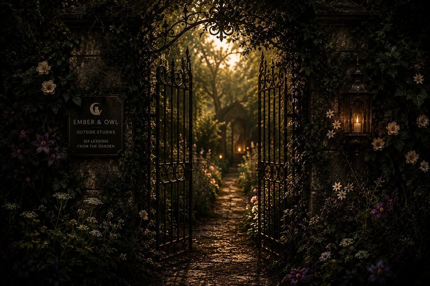 An ivy-covered iron gate standing open onto a candlelit garden path, the entrance to Outside Studies