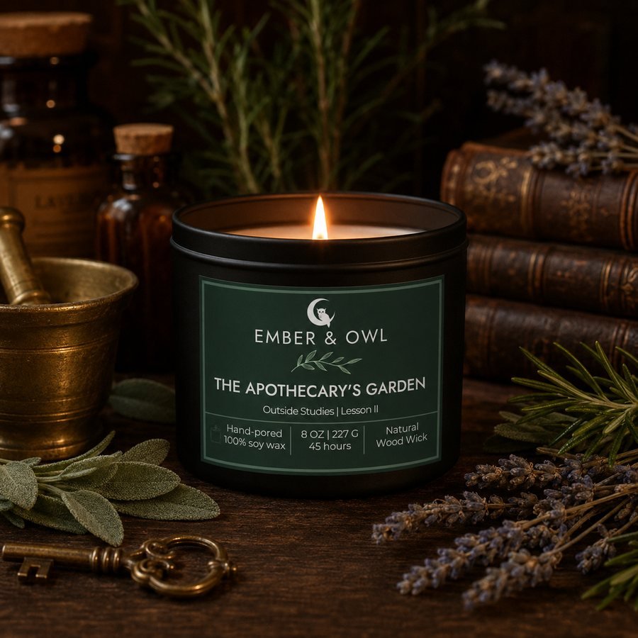 The Apothecary's Garden candle by Ember and Owl, 8 oz black tin with a dark green Outside Studies Lesson II label, among sage, lavender and rosemary