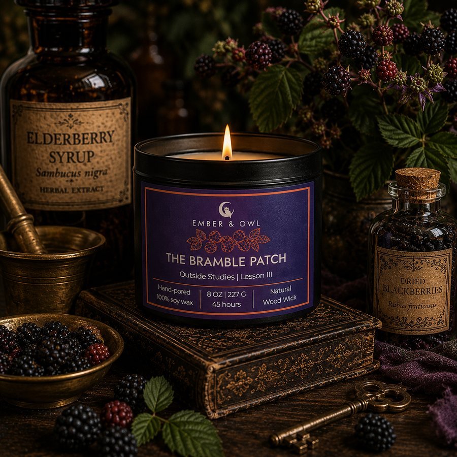 The Bramble Patch candle by Ember and Owl, 8 oz black tin with a violet with orange border Outside Studies Lesson III label