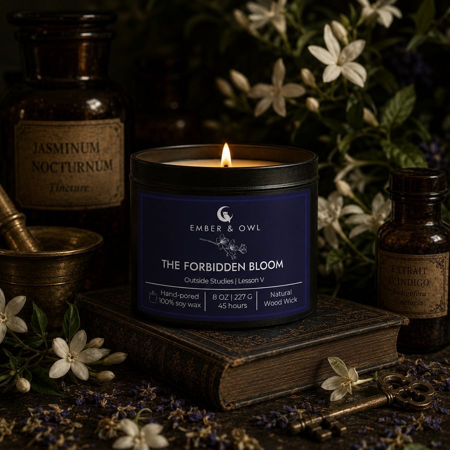 The Forbidden Bloom candle by Ember and Owl, 8 oz black tin with a deep navy Outside Studies Lesson V label