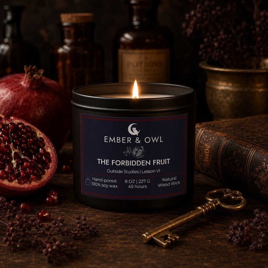 The Forbidden Fruit candle by Ember and Owl, 8 oz black tin with a deep navy and red border Outside Studies Lesson VI label, among pomegranates and apothecary bottles