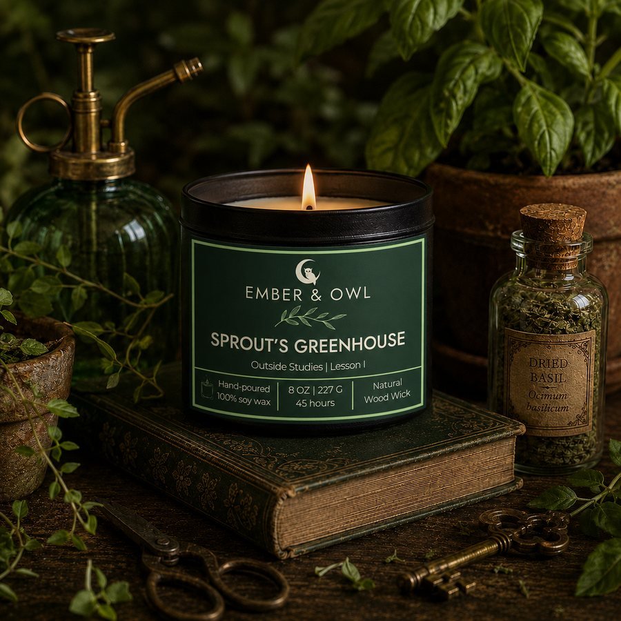 Sprout's Greenhouse candle by Ember and Owl, 8 oz black tin with a green Outside Studies Lesson I label